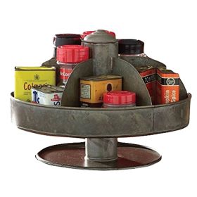 Benzara Galvanized Lazy Susan Organizer With 6 Pockets, Gray