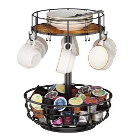 Carousel Coffee Pod Holder Basket, K Cup Organizer for Counter, Coffee Cup Organizer with 12 Mug Hooks, Mug Tree with Storage Basket, for Coffee Bar,